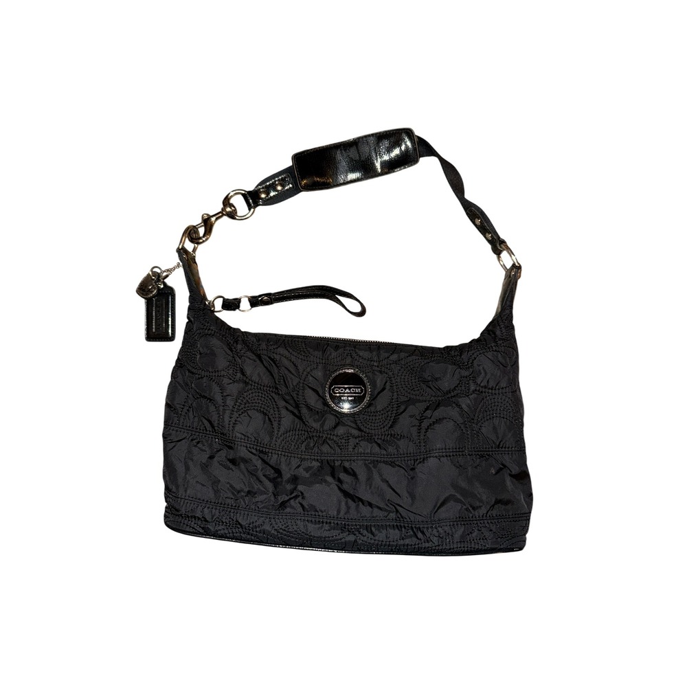 Coach Shoulder Bag Women Medium Black Quilted Nylon Patent F17720